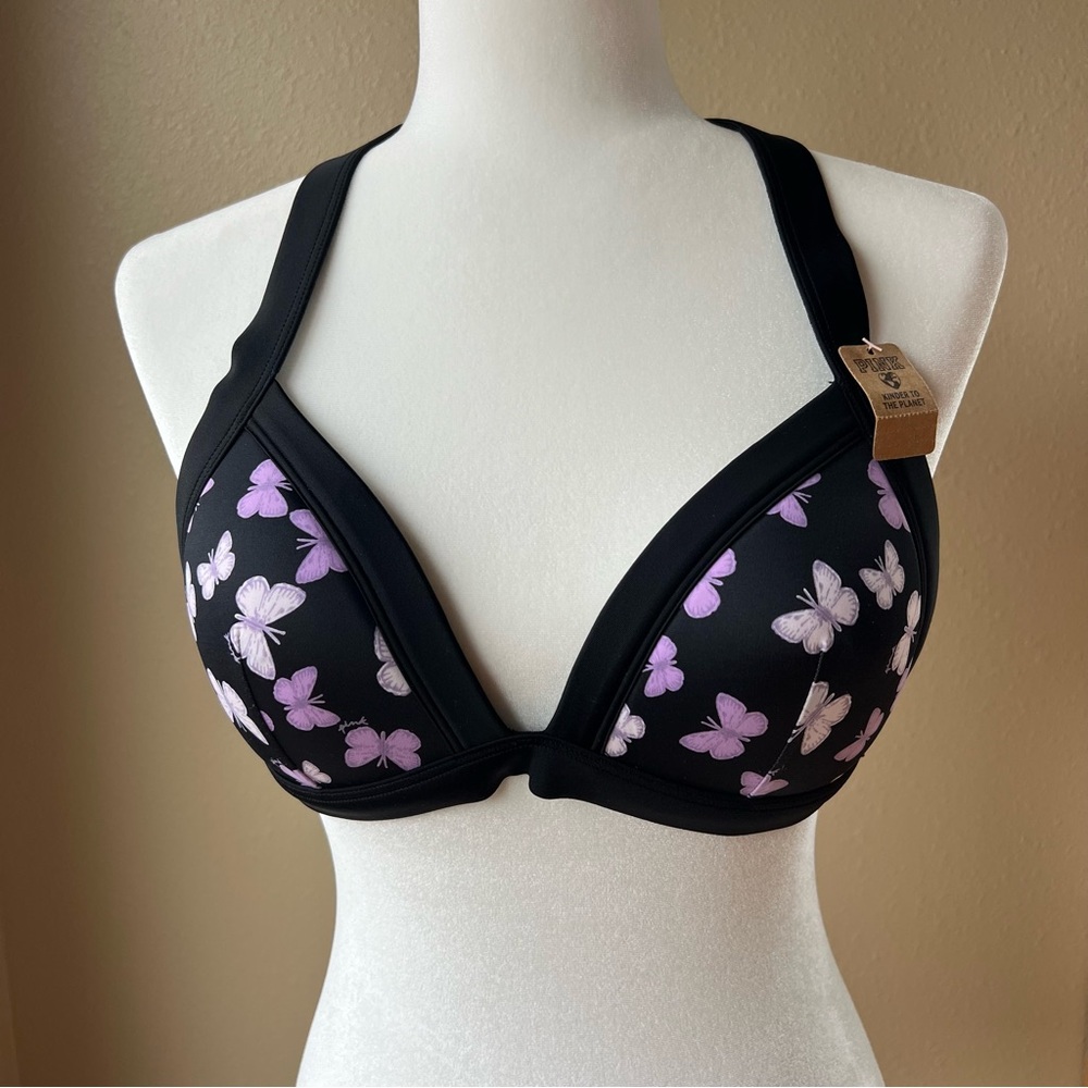 VICTORIA'S SECRET PINK SWIM Push-up Halter Triangle Top Black Butterfly Size L